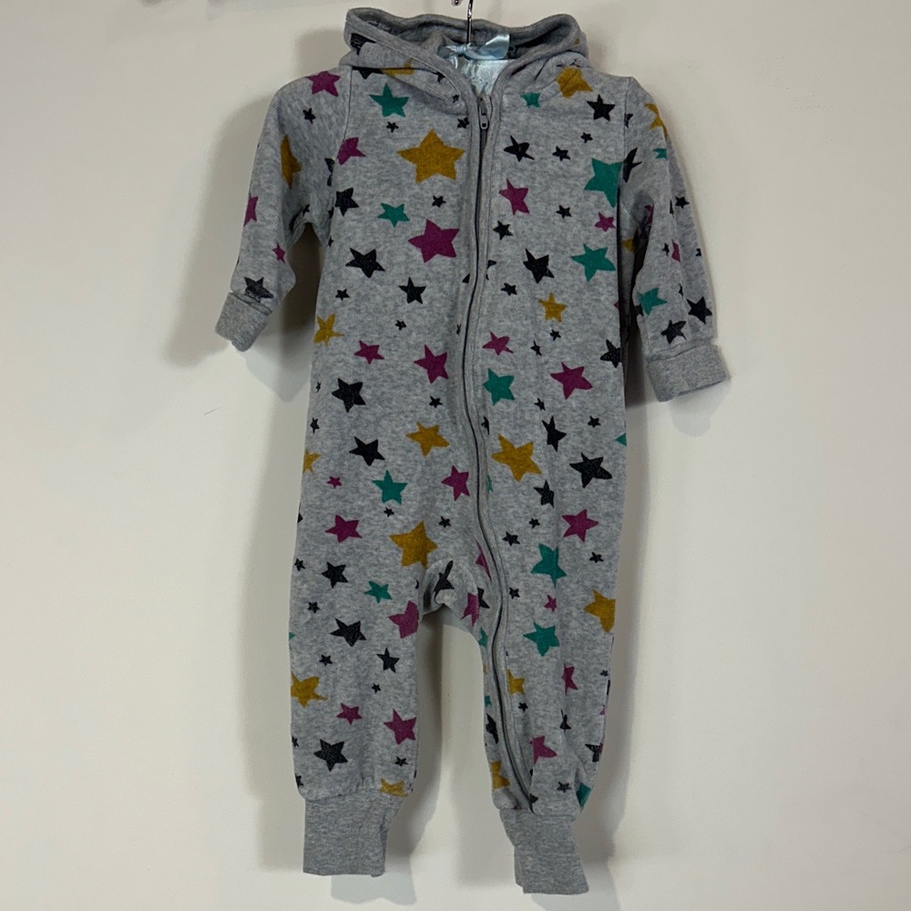 Polarn O. Pyret Grey Velour Star Print One-Piece Hooded Romper 4-6m 68